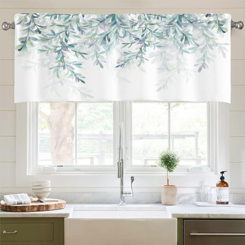 Whoiy Küchengardinen Halbverdunkelnde 1 Stück Modern 45 cm Höhe, Scheibengardine Küche Polyester Weiß Grün Blätter Bedruckt Stores Gardinen Wohnzimmer Landhaus 45x137cm