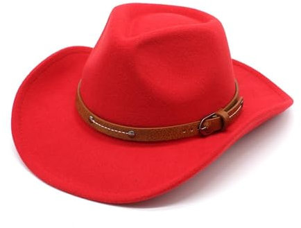 HHF Caps & Hüte Western Cowboy Jazz Hut mit Gürtel Zubehör, Herbst und Winter Filzhut Paar Hut(Rot,Small(54cm))