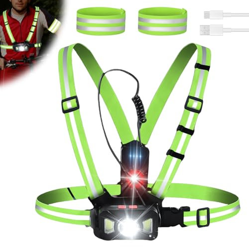 Lauflicht mit Reflektoren, USB Wiederaufladbare Brustlampe zum joggen, Brustlampe mit ReflektorbandEinstellbarer Abstrahlwinkel Lauflampe Joggen, IPX65 Wasserdichte Lauflicht für Joggen, Laufen