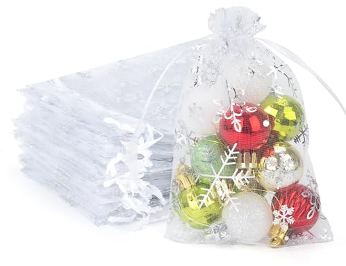 Yesaler Organzasäckchen Schneeflocke Weihnachten Organzabeutel mit Kordelzug für Geschenk Deko 100 Stück Weiß 10x15cm