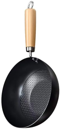 Wok de Hierro Negro Mini para Cocina, Uso en Gas y Llama Abierta | Mango de Madera Ergonómico, Acabado Antiadherente, Formato Compacto para Preparación Diaria