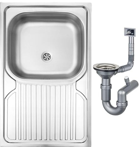 DomoDomo - Fregadero de cocina sobre encimera 80x50 cm acero inoxidable - fregadero cocina 1 seno con escurridor moderno - fregadero de cocina pequeño práctico - fregadero acero inoxidable resistente