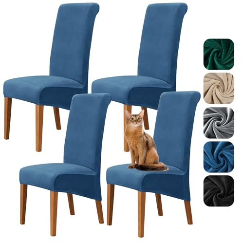 Alishomtll High Back Chair Covers Set of 4, Stretch Velvet XL Dining Chair Slipcovers, Large Size Washable Removable Chair Protector for Dining Room Kitchen Banquet Wedding Party (Blue, 4psc)