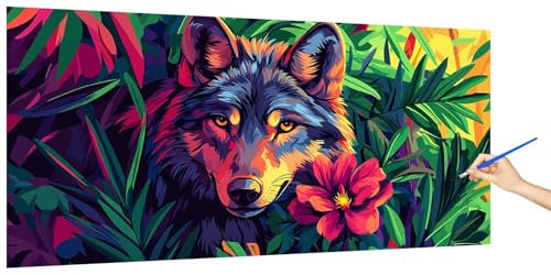 Malen Nach Zahlen Erwachsene Wolf, Malen Nach Zahlen BlumeKinder Kleines Format, DIY Paint by Numbers Kreativ Set AnfäNger Inklusive Pinsel und Acrylfarben Ohne Rahmen Deko Geschenk 100x50cm Q-7