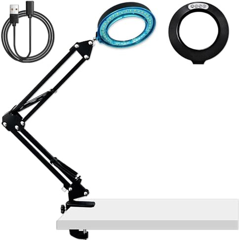 10X Lupe mit Licht und Ständer, LED Beleuchtete Lupenleuchte mit Klemme, Verstellbarer Schwenkarm, 5 Farbmodi 10 Helligkeitsstufen, Lampe mit Lupe Tischlampe für Hobbys, Basteln, Lesen und Naharbeit