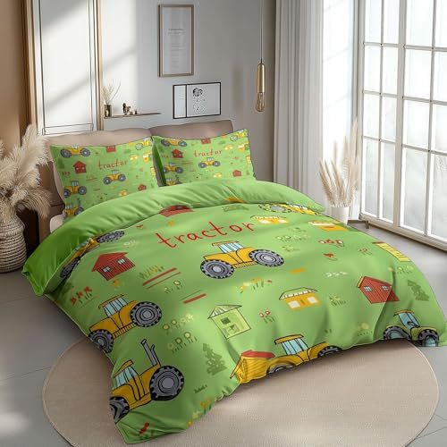 CozyRest Kind Bettwäsche Set 100 x 135 cm, Cartoon-Traktor und Bauernhof Bettbezug Set 2 Teilig, Weiche Microfaser Wende Grasgrün Bettwäsche mit Reißverschluss und 1 x 40x60cm Kissenbezüge