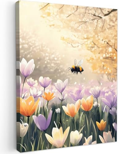 MuchoWow© Leinwandbild 60x80 cm Dekoration Wohnzimmer Bilder Pictures Wall Decoration Living Room Wohnungs Deko Moderne Bild Stiefmütterchen - Biene - Sonnenlicht