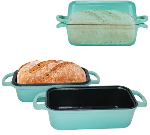 An & Guo Gusseisen Brotbackform mit Deckel, 22,96 × 12,78 cm, schwerlastig & langlebig, für selbstgebackenes Brot, backofengeeignet – 2er Set - Kastenform für Sauerteigbrot (Mintblau)
