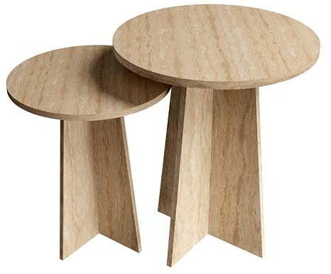 Travertine Efect Round Nesting Coffee Table Set of 2 Modern Coffee Table Small Side Table End Table for Living Room