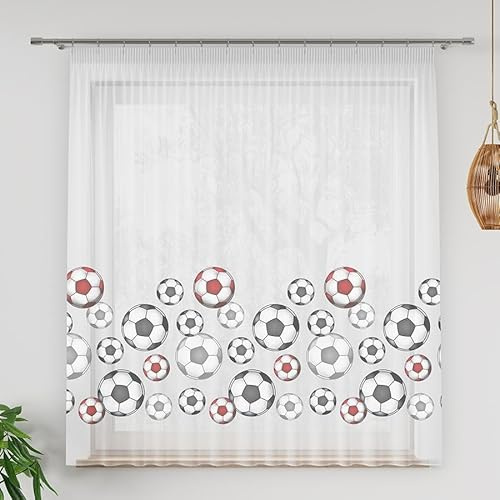Gardinen Vorhangen Weiß/Rot Voile 200x155 cm (BxH) Wembley Kinder Gardine Mit Bunten Fußbällen Fröhliches Design