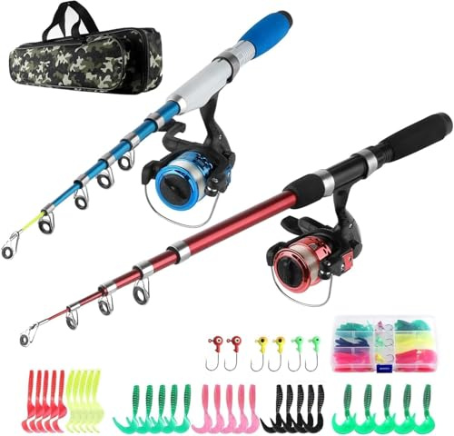 NewBEP Combo de carrete de caña de pescar, kit completo de carretes giratorios telescópicos, caña de pescar de 1,3 m y 1,6 m + 2 carretes giratorios + anzuelos de señuelos + bolsa de pesca, kit de