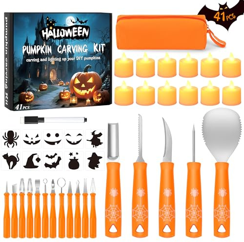 Charmofun Halloween Kürbis Schnitzset mit 12 LED Kerzen, 17 Stück Kürbis Schnitzwerkzeug, Kürbisschnitz Set mit Schnitzvorlagen, DIY Halloween Kürbis Dekoration Edelstahl Schnitzmesser für Kinder