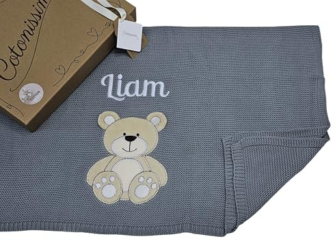 KIDDI-MEDIA Babydecke aus 100% Baumwolle, Anthrazit Bär | Mit Namen und Geburtsdatum, Repräsentativer Geschenkbox, zur Taufe, Geburt, Babyparty, auch als Überwurfdecke