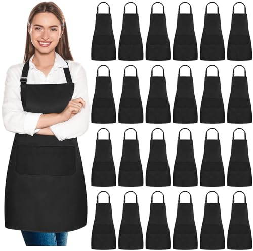 Incisite 24 Pcs Bib Apron, Unisex Aprons Bulk, Black Plain Bib Aprons with 2 Pockets, Adjustable Blank Apron for Adults Kitchen Cooking BBQ Grilling Baking, Machine Washable, Black, 60.5 x 71 cm