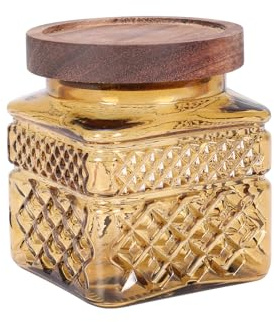Punorric Candy Jar, 600ml Glass Sweet Jar with Wooden Lid, Airtight Sweet Jars for Candy Buffet, Round Biscuit Tin, Food Storage Container for Ground Coffee, Tea, Sugar, Nuts, BPA-Free(Amber)