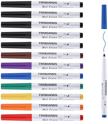 TWOHANDS Wet erase Markers Fine Tip,Glass Whiteboard Markers,8 Colors,Acrylic Calendar Planning Board,Windows,Mirror,12 Count,19707