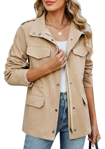 CMTOP Women's Jackets Lightweight Cotton Short Jackets Zip Up Utility Jacket, Casual Work Shacket Windproof Outerwear with Multiple Pockets for Spring Summer Autumn(Light Khaki,L