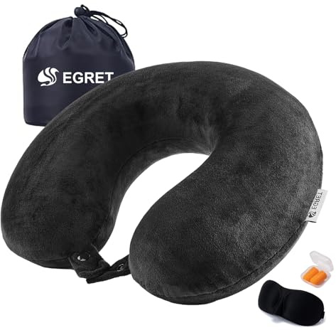 EGRET Memory Foam Nackenkissen Reisen – Ergonomisches Nackenhörnchen für Flugzeug, Auto & Büro – Leicht & Kompakt mit Aufbewahrungsbeutel, Schlafmaske & Ohrstöpseln(Schwarz)