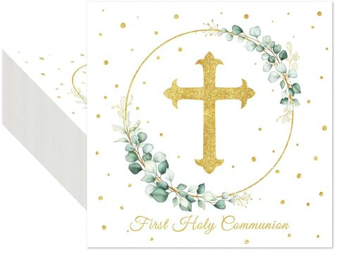 40 servilletas de papel de 33 x 33 cm para decoración de comunión, decoración y confirmación, servilletas de papel con cruz dorada y eucalipto para decoración de mesa, ideal como servilletas, bautizos