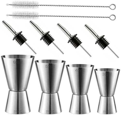Juego de 4 vasos medidores de cóctel de acero inoxidable de doble medida, 3 cl/4 cl/5 cl/6 cl con 4 vertedores de botellas y 2 pinceles, juego de tazas medidoras para fiestas de bar