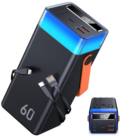 60000mAh Power Bank 22.5W Fast Charging, PowerBank with Built-in Cables, Battery Pack High-Speed USB C 5 Output & 2 Input Portable Charger for Camping, Travel,Outdoor Compatible w/iPhone Samsung iPad