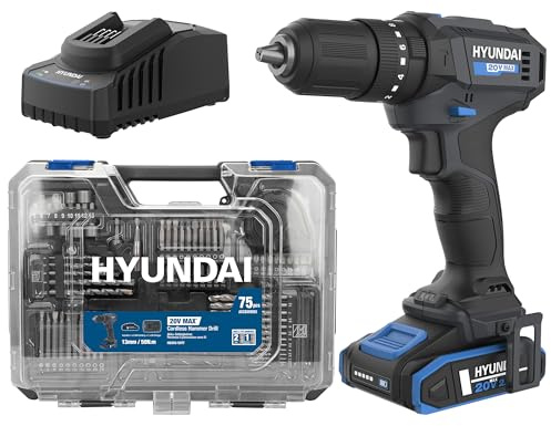 Hyundai 20V Cordless Hammer Drill 50Nm with Battery, Charger & 75pc Accessory Kit – 2 Speed, 13mm Chuck, LED Light, Carry Case