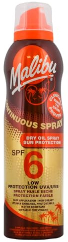 Malibu Sun SPF 6 Continuous Dry Oil Spray for Tanning with Shea Butter Extract, Moisturising Tanning Oil Mist, Water Resistant, 175ml