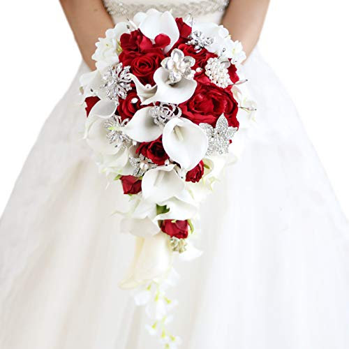 YIFUwedding IFFO Bouquets de mariée avec Fleurs de lys Calla artificielles, Diamants et Perles Roses, décoration de fête de Mariage (Rouge)