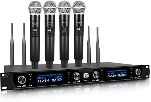 G-MARK Wireless Microphone System, 4 Channel Wireless Microphones with Rechargeable Handheld Mics, 250FT Range, UHF Metal Cordless Dynamic Microphone Sets for Singing, Karaoke, Church(Auto Connect)
