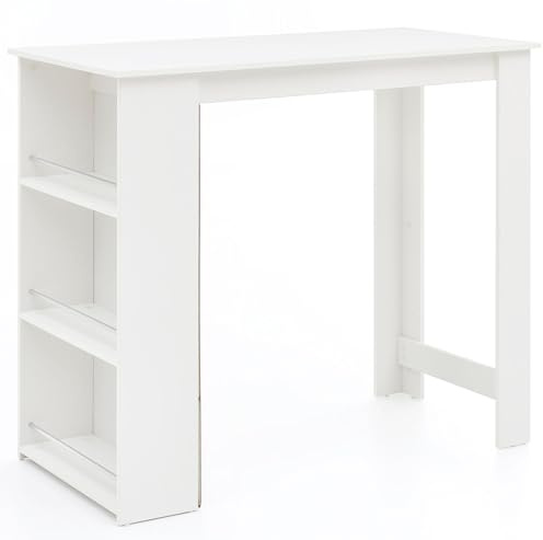 FineBuy Bartisch 120x60x107,5 cm Weiß mit integriertem Regal | Stehtisch mit großer Ablagefläche, Bartresen mit Regalfächern und Haltestreben, Tresentisch für die Küche