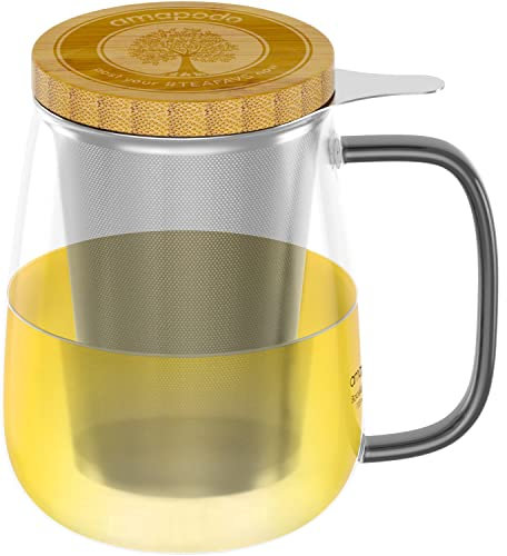 amapodo Vaso de Té con Tapa y Colador - Vaso de Té Grande 700ml - Taza Jumbo - Juego de Taza de Vidrio XXL con Asa Negro - sin plástico