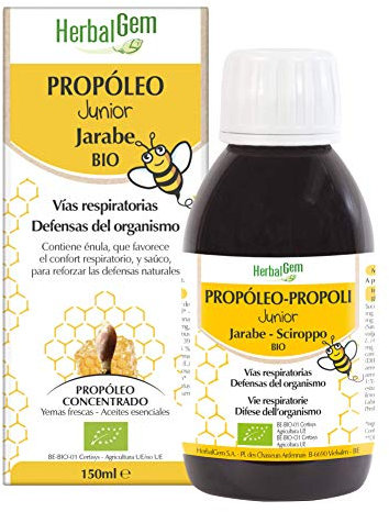 HerbalGem Sciroppo Junior alla Propoli BIO – Benessere delle Vie Respiratorie – Con Estratti Vegetali e Gemme – Gusto Piacevole per Bambini – 150 ml
