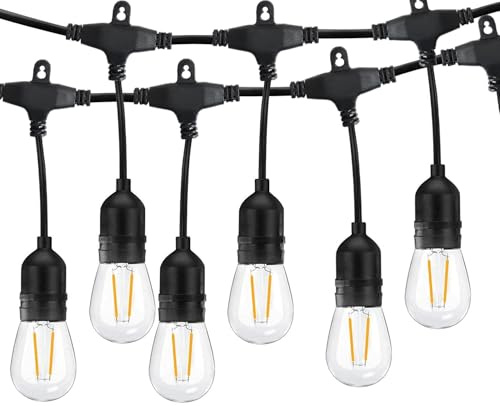 LangPlus+ 49FT Outdoor String Lights Mains Powered with 15pcs E27 Sockets | 15Pcs +1 Spare 2W S14 LED Bulbs Shatterproof, Heavy Duty Waterproof LED Garden Festoon Lights for Wedding Yard Decking Patio