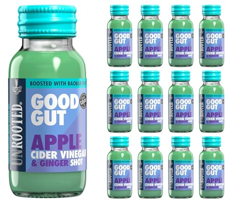 UNROOTED Apple Cider Vinegar & Ginger Shots - Supports Gut Health 12x60ml | Apple Cider Vinegar Shot with Spirulina, Coconut Water And Baobab - Supports Detox and Anti-Inflammation.