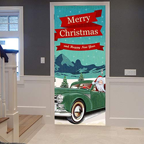 A.Monamour Türtapete Selbstklebend Türfolie Türposter 3D Weihnachtsmann Fährt In Einem Auto Weihnachtsferien Dekoration Vinyl Folie Türdeko Tapete Wandbild Türaufkleber Türtattoo 83 x 204 cm