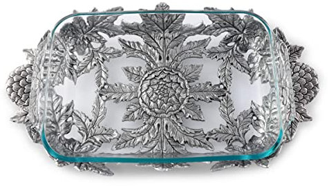 Arthur Court Metal Casserole Dish Holder - Artichoke Pattern - includes for Glass Baking Dish - Handcrafted in Aluminum - Decorative Hot Dishes Plate 19 inch Long 3 Quart Removable Dish Include