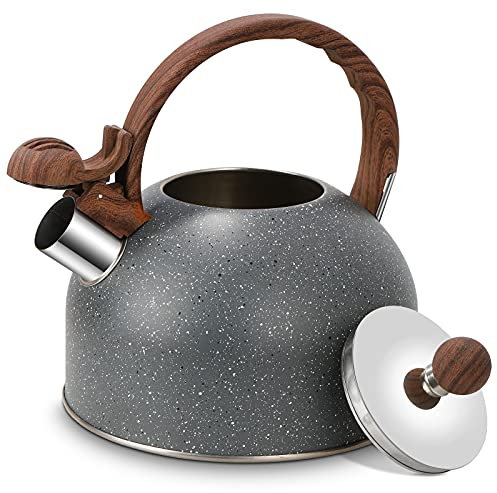 Flötenkessel und Wasserkessel 2.5L, Edelstahl Teekessel für alle Kochplatten Induktion, Modern automatisch Mit Holzmaserung Griff