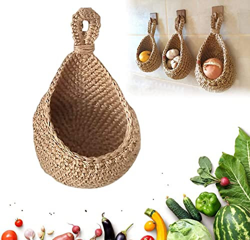Hängekörbe für Gemüse und Obst, Jute-Hängekörbe zur Aufbewahrung, Küche, Hängeaufbewahrung, Bauernhauskorb, handgefertigte Wandkörbe zum Organisieren und Aufbewahren (Größe: M)