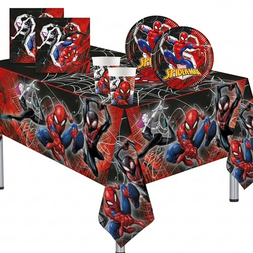Kit Festa di Compleanno Spiderman per 16 persone - Addobbi Decorazioni da Tavola Uomo Ragno Spider Man per Bambino (16 piatti di carta, 16 bicchieri di carta, 20 tovaglioli, 1 tovaglia)