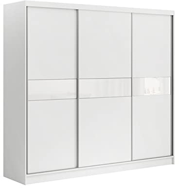 MEBLINI Kleiderschrank, 3 Türen - Schwebetürenschrank mit Kleiderstange - Schlafzimmerschrank mit Einlegeböden - Wardrobe Closet - Tanna - 240 cm - Weiß/Weiß + Weiß Lacobel