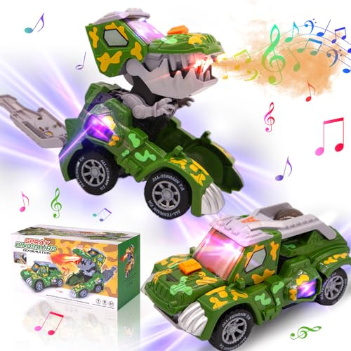 KJIXYUNG Automatisches Nebelspray Dinosaurier Auto mit Musik und LED-Licht,Dino Transforming Cars für Jungen,deformiertes Dinosaurier-Auto-Spielzeug für Kinder 3-5,Geburtstag für Kinder (Grün)