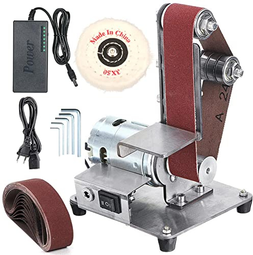 Ponceuse à bande ponceuse électrique 300 W, 7 Contrôle de vitesse variable, ponceuse stationnaire Avec 10 Bandes Abrasives Pour Bois Métal, Mini Ponceuse à Bande Avec roue de polissage