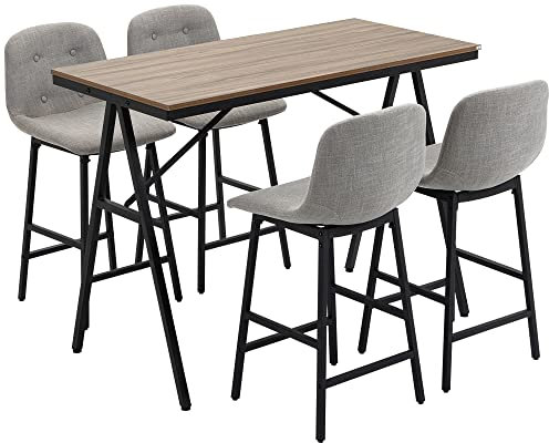HOMCOM Bartisch Set Bartisch mit Barhocker-Set Esstisch mit 4 Stühlen mit Rückenlehne Küchentisch für Esszimmer, Küche, Hellgrau