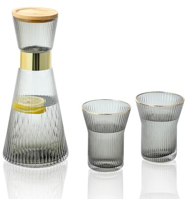 Gold Rim Bedside Water Carafe and Glass Set, 34 oz Bedroom Nightstand Vintage Ribbed Glass Carafe with Two Cups, Water Pitcher Set (Grey)