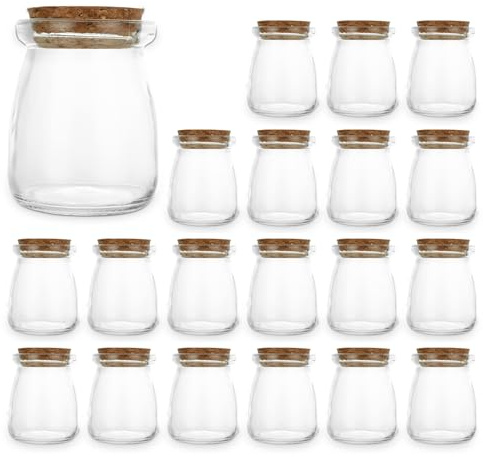 CYEER 20 Pack 100ml Small Glass Storage Jars with Cork Lids, Mini Mason Jars Milk Bottles Pudding Pots, Yogurt Pots Storage for Food, DIY Projects