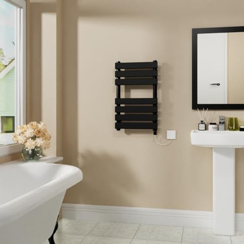 Warmehaus Electric Flat Panel Heated Towel Rail Black 650x400mm 400W | Prefilled, Bathroom Ladder Radiator Warmer, Electric Towel Radiator, Wall Mounted, Mild Steel, Energy Efficient