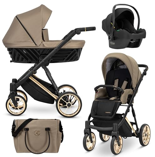 Kunert® IVENTO 3 in 1 Kinderwagen Kombikinderwagen komplettset I incl. Babywanne & Buggy Sportsitz & Auto-Babyschale mit Wickeltasche/Regenschutz +Fußsack I IVE 10 CARAMEL MACCHIATO/GOLD FRAME