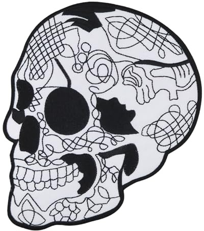 Großer Totenkopf Rückenpatch Weiß – 17,3 x 19,6 cm – Gestickter Aufnäher Biker, XXL Rückenaufnäher, Schädel Patch Backpatch für Motorradjacken Kutten Lederwesten – Hochwertige Stickerei