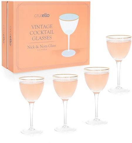 Crutello Nick and Nora - Bicchieri da cocktail da 141,7 g, in stile vintage Art Déco, a coste, per bere gin classico, whisky, vodka, bicchieri scanalati Nick e Nora con bordo dorato, set di 4