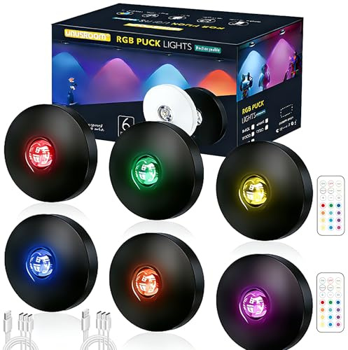 Led Vitrinenbeleuchtung kabellos,USB Aufladbar LED Spots Akku mit Fernbedienung,Küchenunterbauleuchte Nachtlicht mit Bewegungsmelder,Dimmbar Indirekte Beleuchtung mit Timer Schrank (6, 13Color-black)